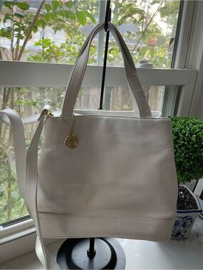 Vintage White Leather Mini Tote Bag with Gold Charm